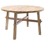 SKOGSTA: round dining table, natural acacia wood color, sturdy, light brown, four angled legs, simple design.