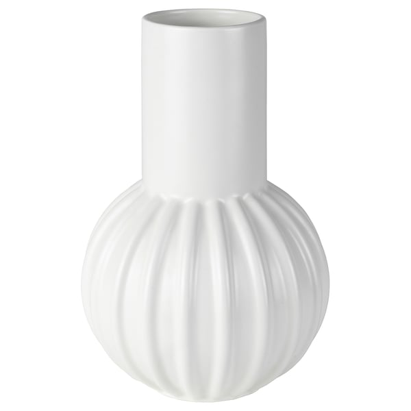 SKOGSTUNDRA white vase, stoneware, ribbed, cylindrical.