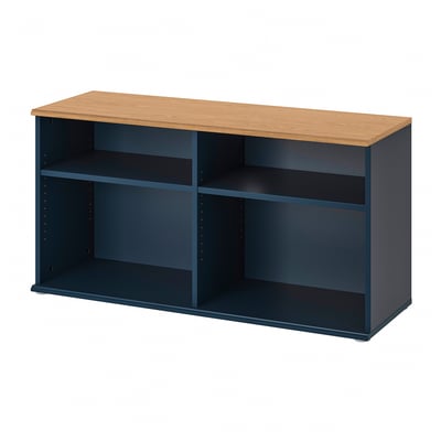 SKRUVBY tv bench: oak top, blue base, open shelves, sturdy, minimalist design.