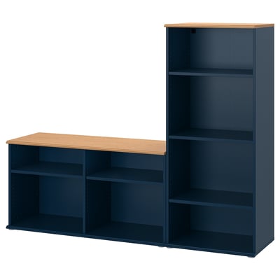 Blue SKRUVBY storage: tv bench & bookcase with shelves.