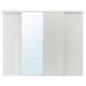 Option: SKYTTA white sliding wardrobe, modern design, with glass and solid panels, mounted on metal rails.