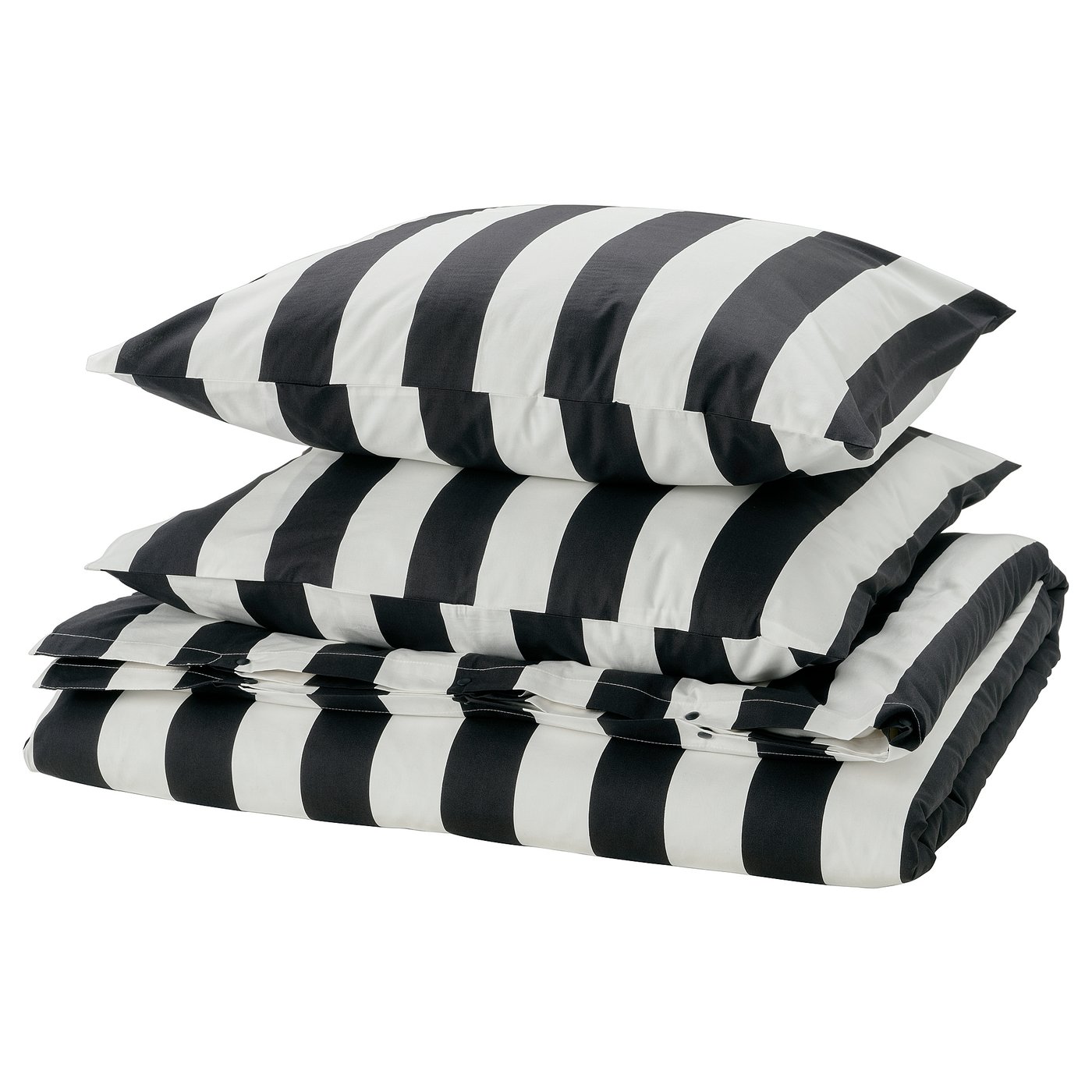 SLÅNHÖSTMAL bedding set, black/white stripes, cotton-blend, rectangular, crisp, zip/pocket closure.