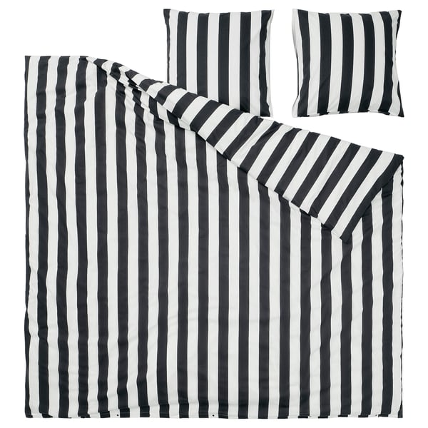 Black and white striped bedding set: duvet cover, sheet, pillowcases. Modern, crisp design in durable cotton-viscose blend.
