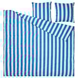 Blue and white striped bedding set, including duvet cover and pillowcases, designed with a percale-weave for durability and comfort, laid out flat.
