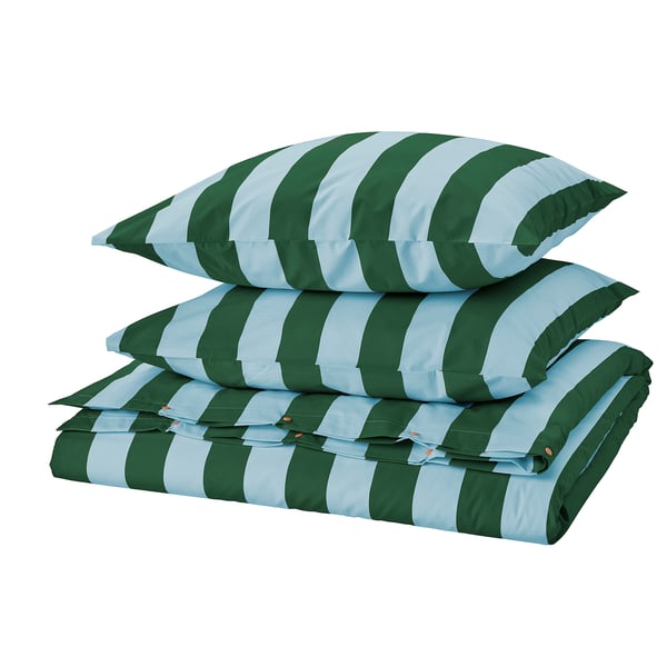SLÅNHÖSTMAL duvet set, blue-green striped, cotton-lyocell, folded.