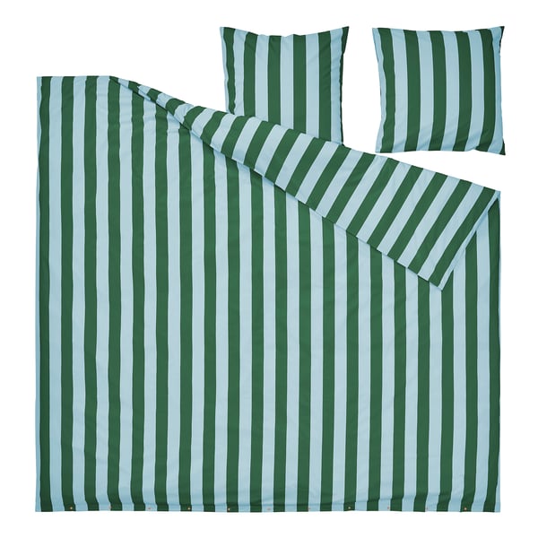 Striped green and white bedding set including duvet cover and pillowcases, made from cotton and lyocell, arranged neatly.