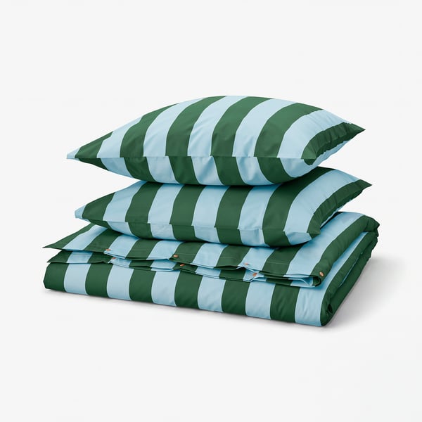 SLÅNHÖSTMAL Duvet cover and 2 pillowcases, light blue dark green/stripe, 240x220/80x80 cm