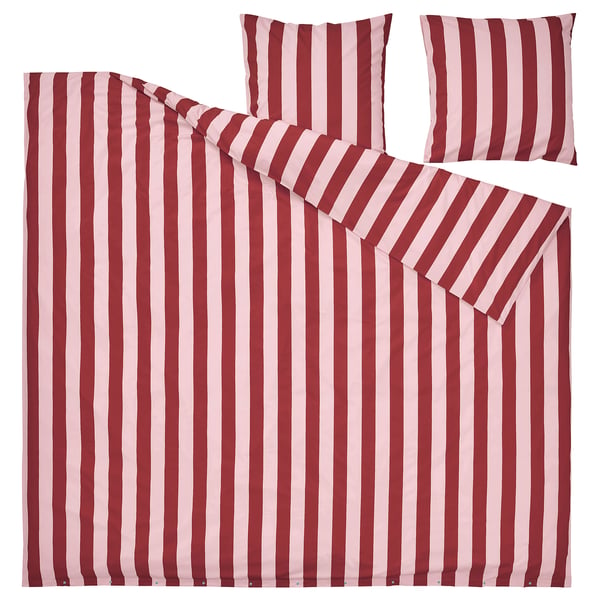 Displays a red and white striped SLÅNHÖSTMAL duvet cover set, featuring a cotton and lyocell blend, neatly laid out on a white background.