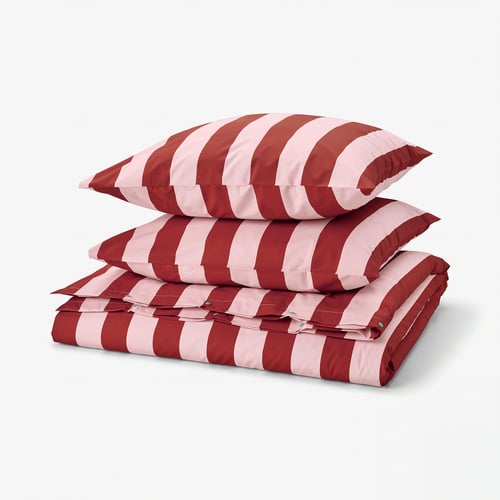 SLÅNHÖSTMAL Duvet cover and 2 pillowcases, light pink dark red/stripe, 240x220/80x80 cm