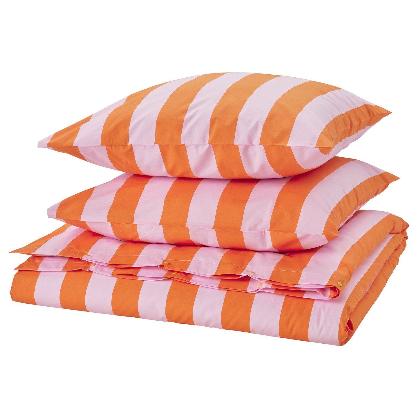An orange and white striped bedding set, featuring a duvet cover and pillowcases with a crisp, soft design, made from cotton and viscose.