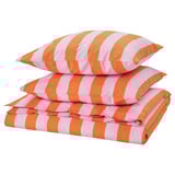 An orange and white striped bedding set, featuring a duvet cover and pillowcases with a crisp, soft design, made from cotton and viscose.