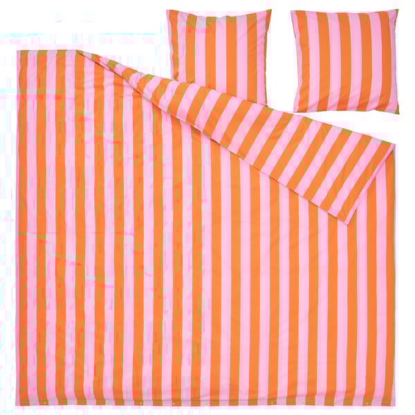 SLÅNHÖSTMAL bedding set: bright pink-orange striped duvet cover + 2 pillowcases, 80% cotton, 20% viscose, crisp percale weave.