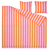SLÅNHÖSTMAL bedding set: bright pink-orange striped duvet cover + 2 pillowcases, 80% cotton, 20% viscose, crisp percale weave.