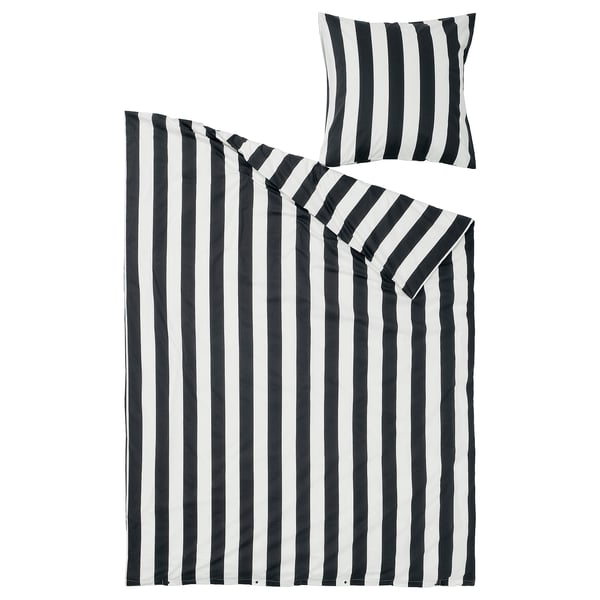 Black-and-white striped bedding set, including duvet and pillowcases, crisp and soft percale fabric.