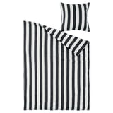 Black-and-white striped bedding set, including duvet and pillowcases, crisp and soft percale fabric.