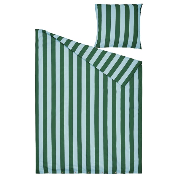 SLÅNHÖSTMAL striped bedding set in green/light blue with cotton/lyocell, includes duvet cover and pillowcase.