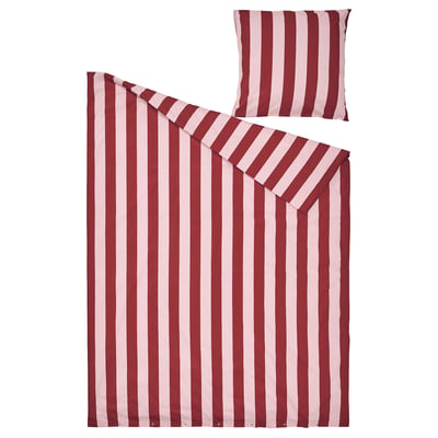 A SLÅNHÖSTMAL duvet cover set in red and white stripes, made of cotton and lyocell, featuring a rectangle bedspread and a matching pillowcase.