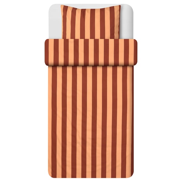 A SLÅNHÖSTMAL duvet cover set in brown and beige stripes, made of 80% cotton, 20% viscose, with a zipper closure and a modern striped design.