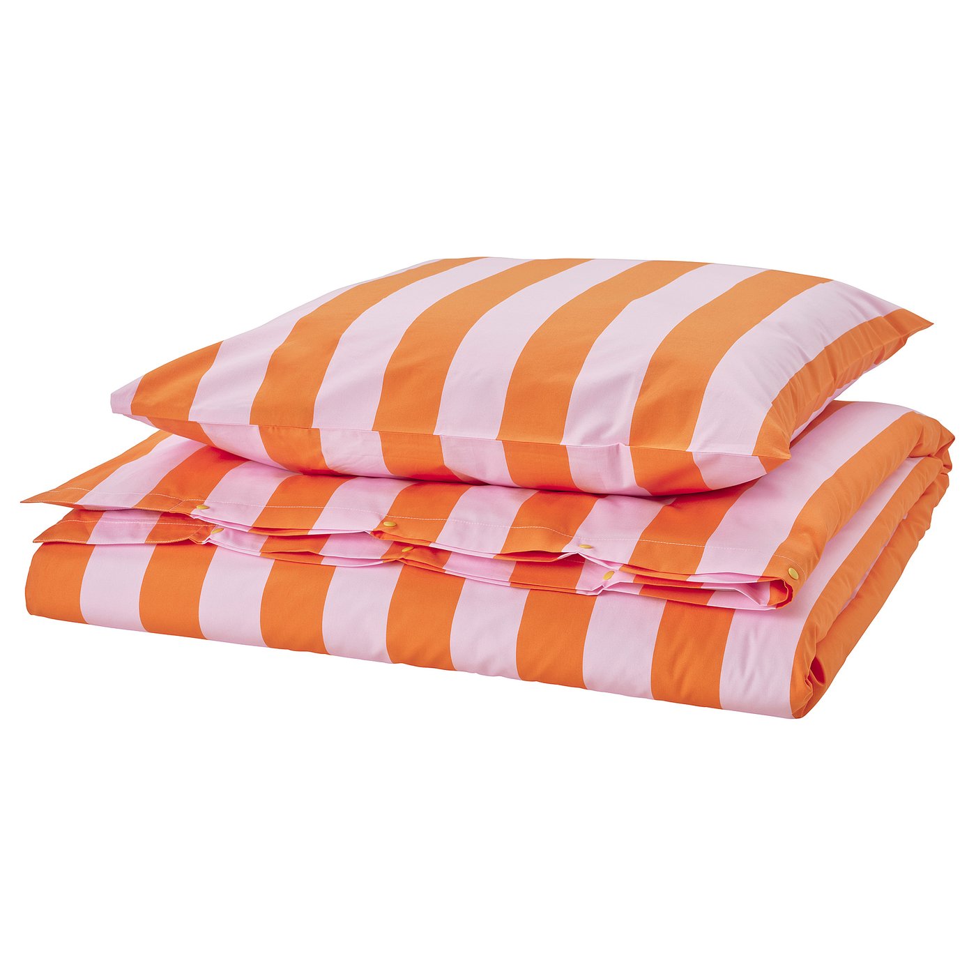 Orange & pink striped bedding, modern design, cotton & viscose blend. Alternatively: modern striped bedding, orange & pink, cotton blend.