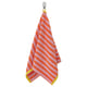 SLÅNHÖSTMAL striped towel hangs on hook. Bright orange-pink stripes with yellow trim. Soft, absorbent cotton. Rectangular shape.