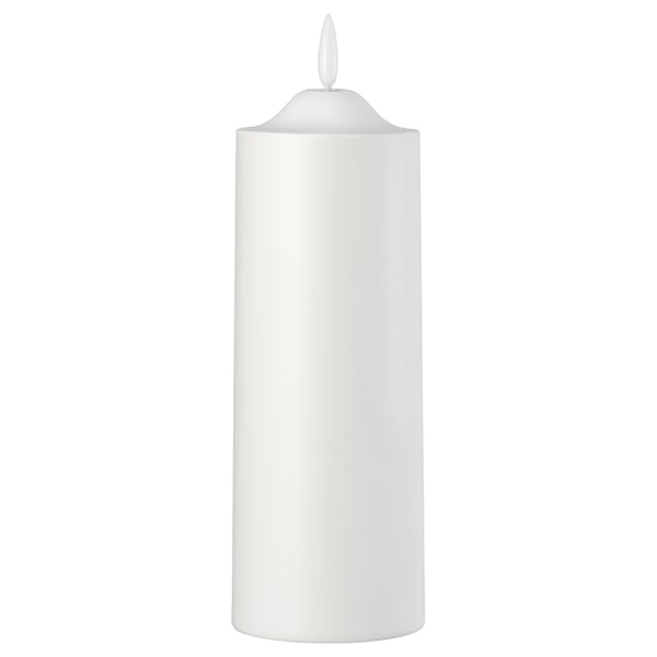 A white, cylindrical SMÅLOM led candle with a subtle flicker effect, creating a warm ambiance without fire risk. Made of polypropylene plastic.