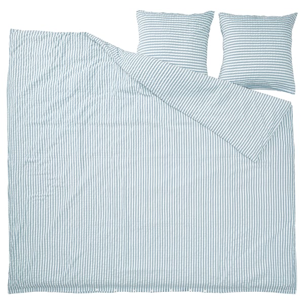SMÅNUNNEÖRT bedding set: light blue seersucker stripes, soft cotton-viscose, rectangular with button closure.
