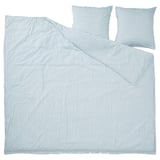SMÅNUNNEÖRT bedding set: light blue seersucker stripes, soft cotton-viscose, rectangular with button closure.