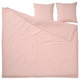 A red and white striped bedding set with duvet cover and two pillowcases. The set a seersucker fabric design and is made of cotton and viscose.