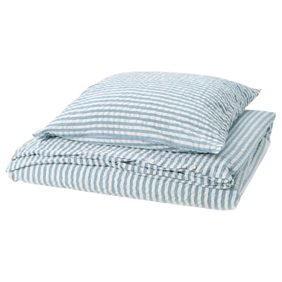 SMÅNUNNEÖRT duvet set, light blue stripes, soft cotton blend, rectangular with button closure and zippered pillowcase.