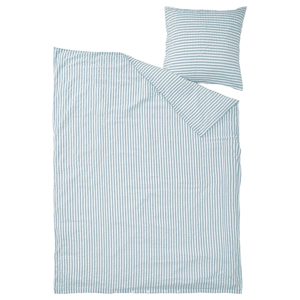 Light blue striped duvet cover set with pillow, featuring seersucker texture, soft cotton blend, rectangular shape, button closure.