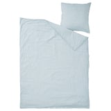 Light blue striped duvet cover set with pillow, featuring seersucker texture, soft cotton blend, rectangular shape, button closure.