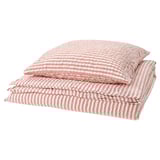 SMÅNUNNEÖRT bedding: red-and-white striped duvet set, soft cotton-blend, neatly folded.