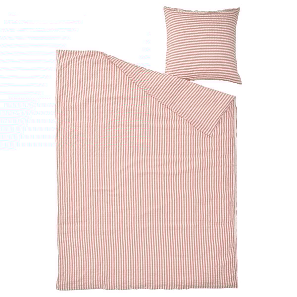 Red and white striped bedding set. Includes duvet cover and pillowcase made of cotton, seersucker quality for breathability.