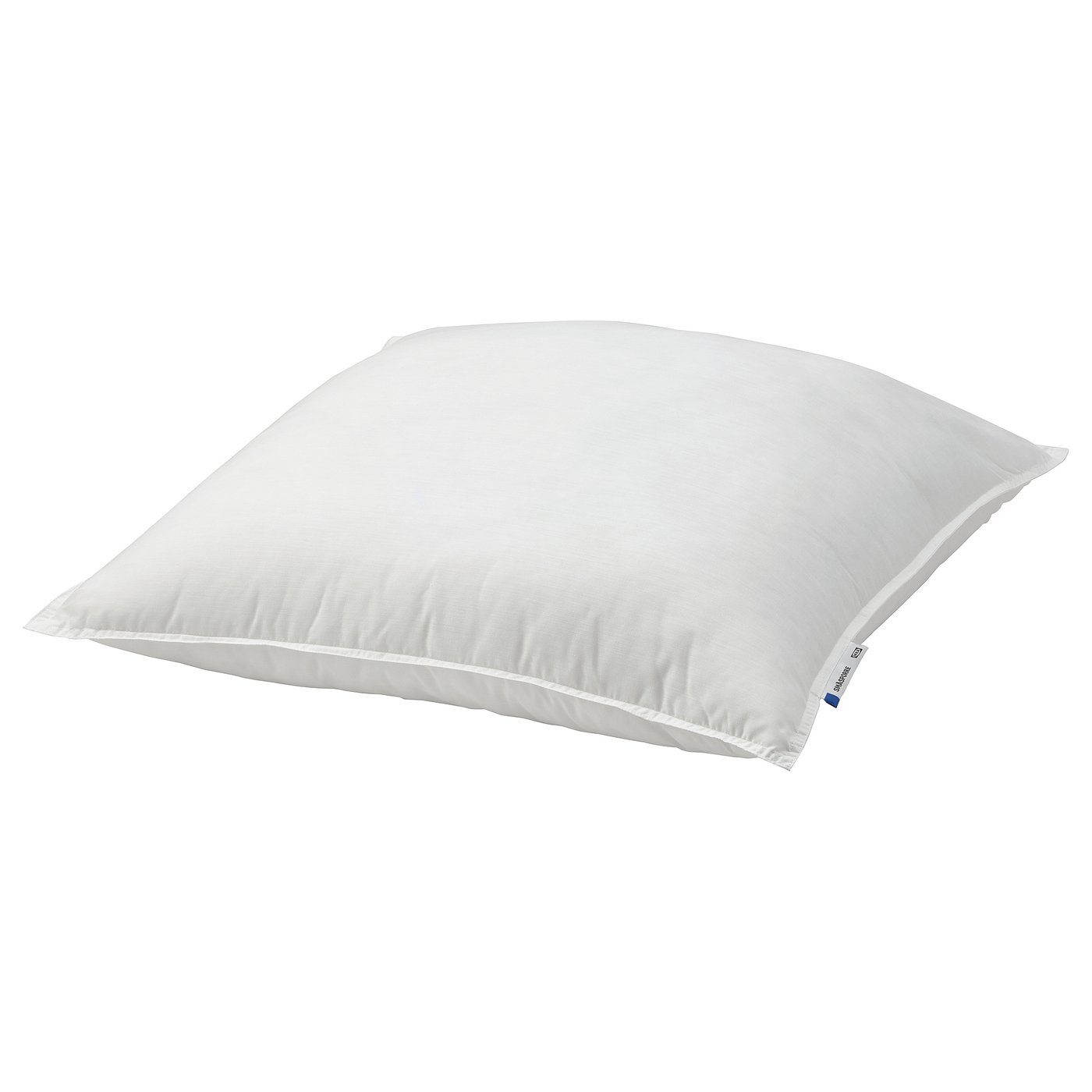 A white SMÅSPORRE pillow, rectangular in shape, with a smooth design and a stitched edge.