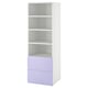 White and lavender kids bookcase with open shelves and drawers.