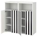 White SMÅSTAD wardrobe with open doors, shelves, black stripes, rounded corners, adjustable legs.