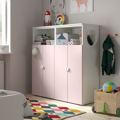IKEA SMÅSTAD cabinet in white & light pink, 2 doors, 2 open shelves.