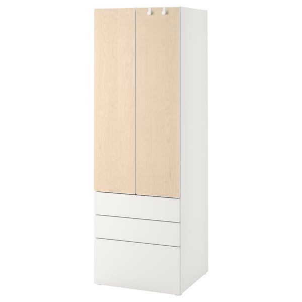 A white and light wooden smastad wardrobe with drawers. It has a tall, narrow design, ideal for small spaces, with soft-closing doors and drawers.