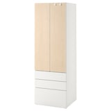 A white and light wooden smastad wardrobe with drawers. It has a tall, narrow design, ideal for small spaces, with soft-closing doors and drawers.