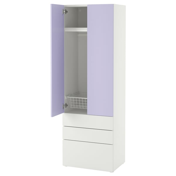 A white and light purple SMÅSTAD wardrobe with 3 drawers and a cabinet. It has a storage basket inside.
