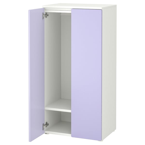 A SMÅSTAD wardrobe in light purple and white, designed for children with adjustable shelves and soft-closing doors.
