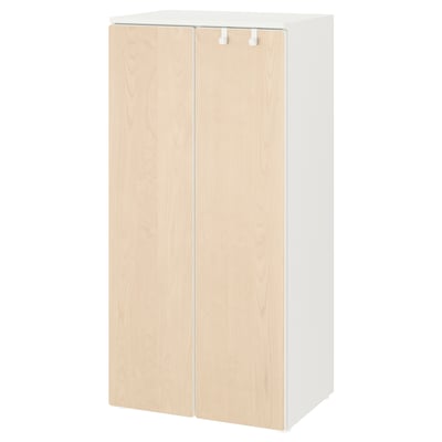 A white and light wood-colored SMÅSTAD wardrobe with two doors.