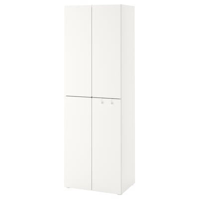 A white ikea SMÅSTAD wardrobe, a tall cabinet with two doors, adjustable feet, and hooks behind closed doors.
