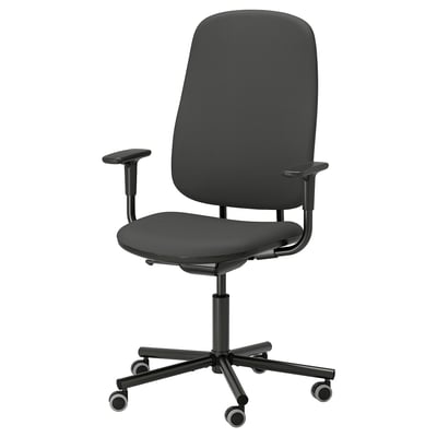 SMÖRKULL office chair: black, adjustable, ergonomic back & armrests, 5 wheels, cushioned seat, high back.