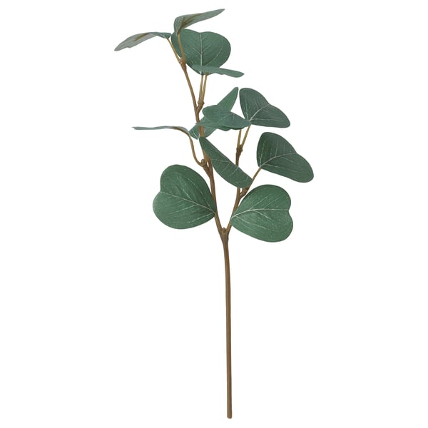 Artificial green plant stem with leaves made from recycled materials. Upright design, lifelike leaves.