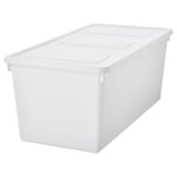 White plastic storage box, rectangular, with lid and handles. Suitable for organizing and protecting various items. Compact design for stacking.