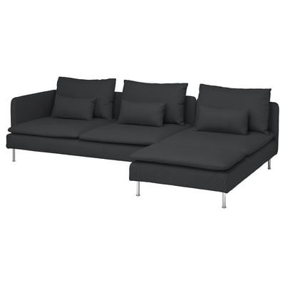 SÖDERHAMN; dark grey sofa; low, deep; fabric; corner chaise; metal legs.