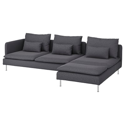 Dark grey modern sectional sofa with metal legs and multiple cushions.