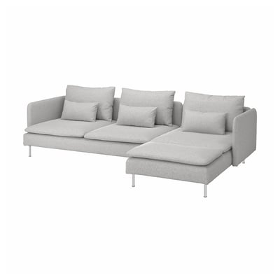 Modern gray l-shaped sofa, SÖDERHAMN, with deep cushions & removable back pillows on gleaming metal legs.