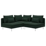 Dark green modern corner sectional sofa with numerous pillows, elevated on slim chrome legs.
